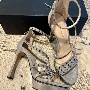 Pelle Moda Gray Studded Heels New NIB 7.5 Stiletto Sexy Pewter Zip Strappy
